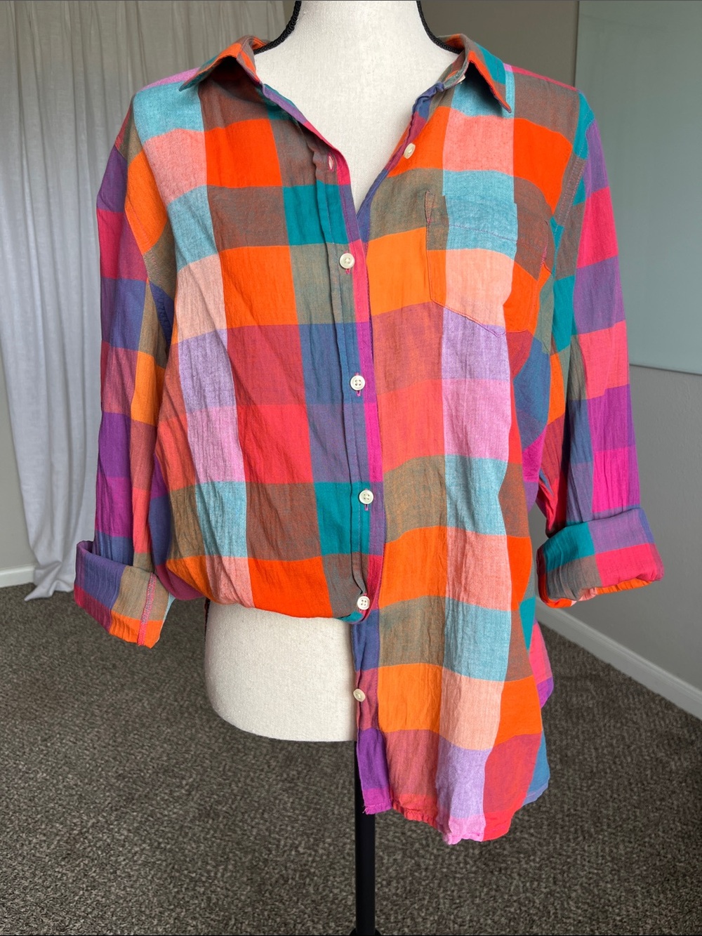 Vintage 90s Old Navy Bright Plaid Button Down Shirt XL Colorblock Cotton Top